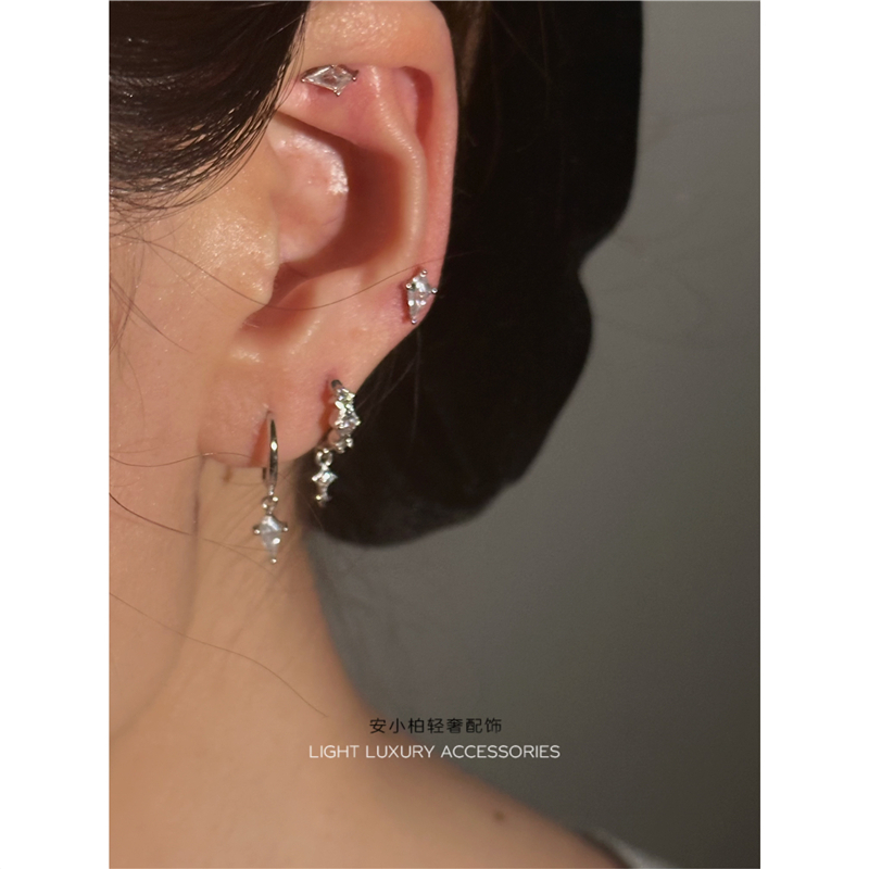安小柏◆通体S925纯银耳圈 百搭叠带锆石流苏潮男女锆石耳扣耳环