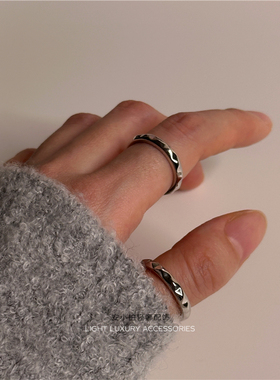 安小柏◆日常随意百搭 通体S925纯银微铆钉几何个性开口戒指chic