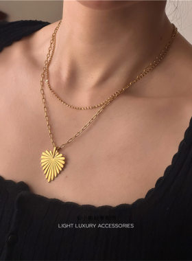 安小柏◆欧美风叠戴树叶项链毛衣链百搭金色扁豆豆女时髦ins款