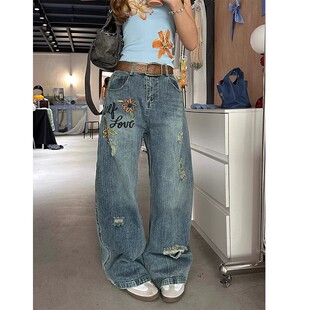 美式复古花卉刺绣破洞竹节纹弯刀牛仔裤男女高街宽松情侣阔腿长裤