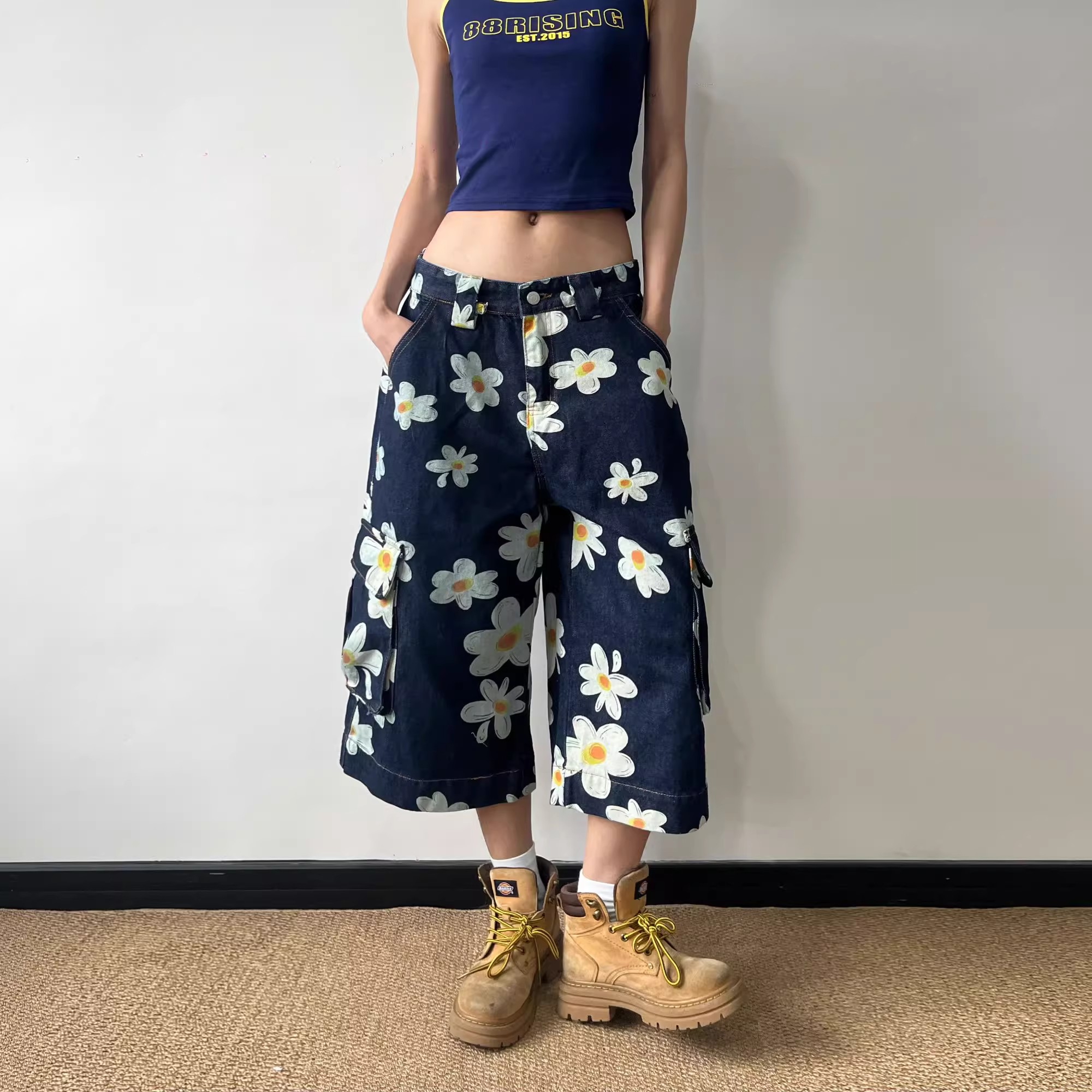 小雏菊印花短裤男女七分牛仔裤