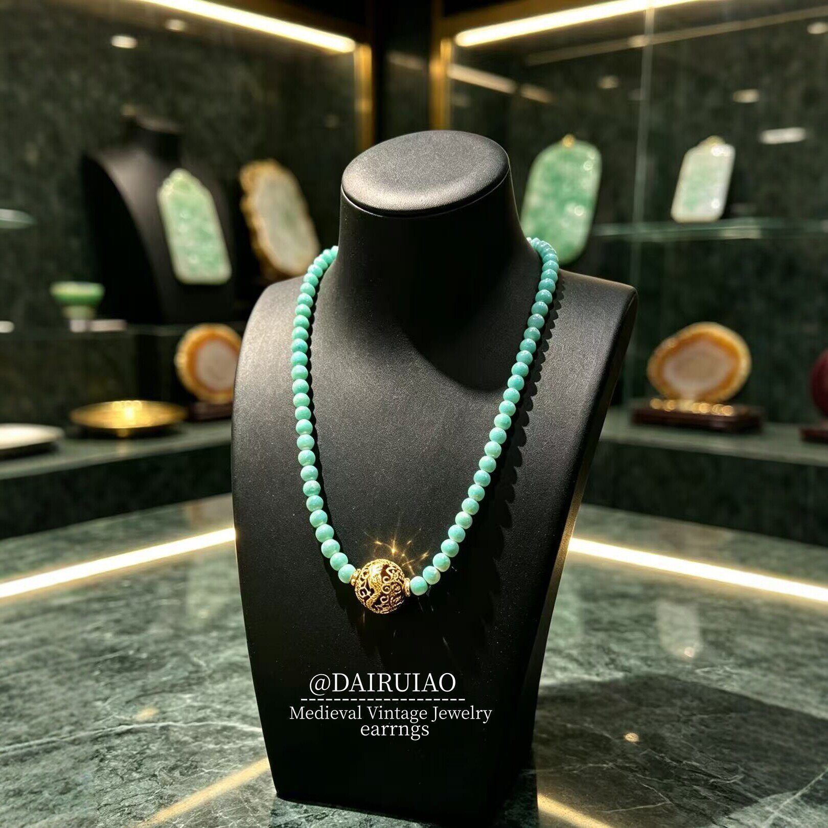 复古绿松石串珠项链女款镂空金珠