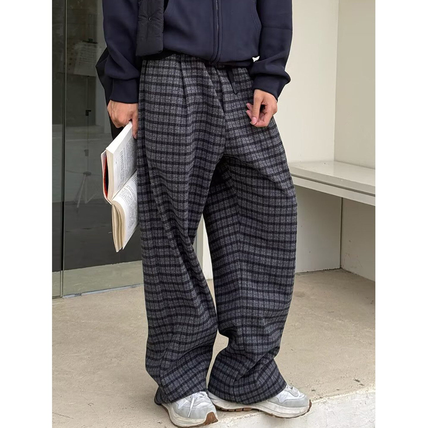 美式潮牌格子裤子情侣款秋冬毛呢休闲裤直筒宽松慵懒百搭简约长裤