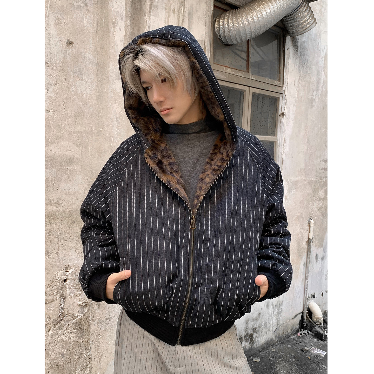 美式条纹牛仔豹纹毛绒内里连帽棉衣男女秋冬慵懒宽松百搭时髦外套