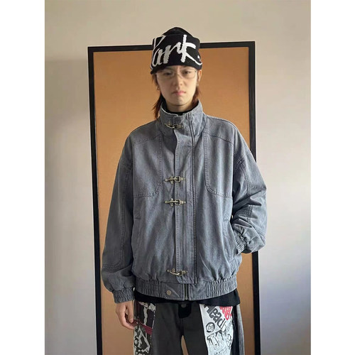重工美式水洗做旧解构飞机扣立领牛仔外套男春秋季bomber飞行夹克