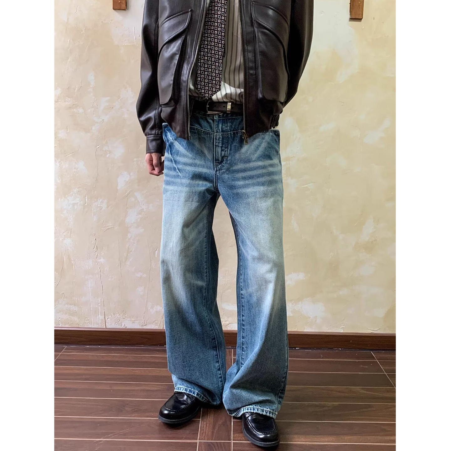 美式猫须水洗牛仔裤男款cleanfit高级感宽松直筒解构堆积感拖地裤