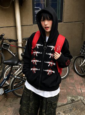 嘻哈街头朋克风闪粉手枪印花卫衣外套男女秋季美式长袖拉链上衣潮