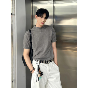 老钱风灰色针织短袖t恤男款夏季韩系螺纹小领口休闲薄款半袖上衣