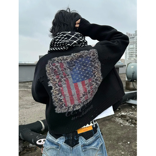 轻亚比风豹纹海军蓝旗帜开衫 外套 毛衣男女秋冬Vintage保暖针织衫