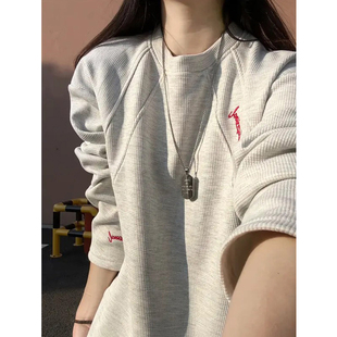 白花灰美式拼接刺绣卫衣男女款春秋季宽松休闲正肩长袖T恤打底衫