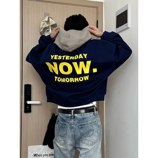 美式 潮牌拼接重磅卫衣boxy廓形连帽外套男女春秋撞色宽松套头帽衫