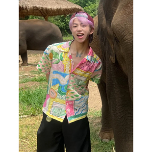 泰式 男女夏季 短袖 宽松休闲冰丝防晒衬衣薄外套 慵懒度假风油画衬衫