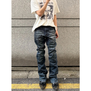 美式重磅bootcut脏染微喇修身做旧牛仔裤男堆积感Cleanfit长裤男