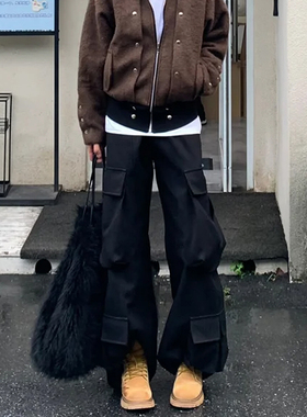 华夫格廓形工装裤男春秋美式潮牌cargopants街头宽松多口袋休闲裤