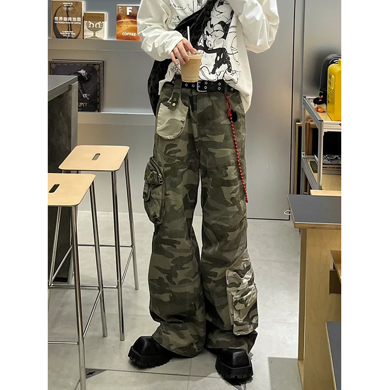 水洗做旧美式复古迷彩立体口袋工装裤男女多口袋宽松阔腿牛仔长裤
