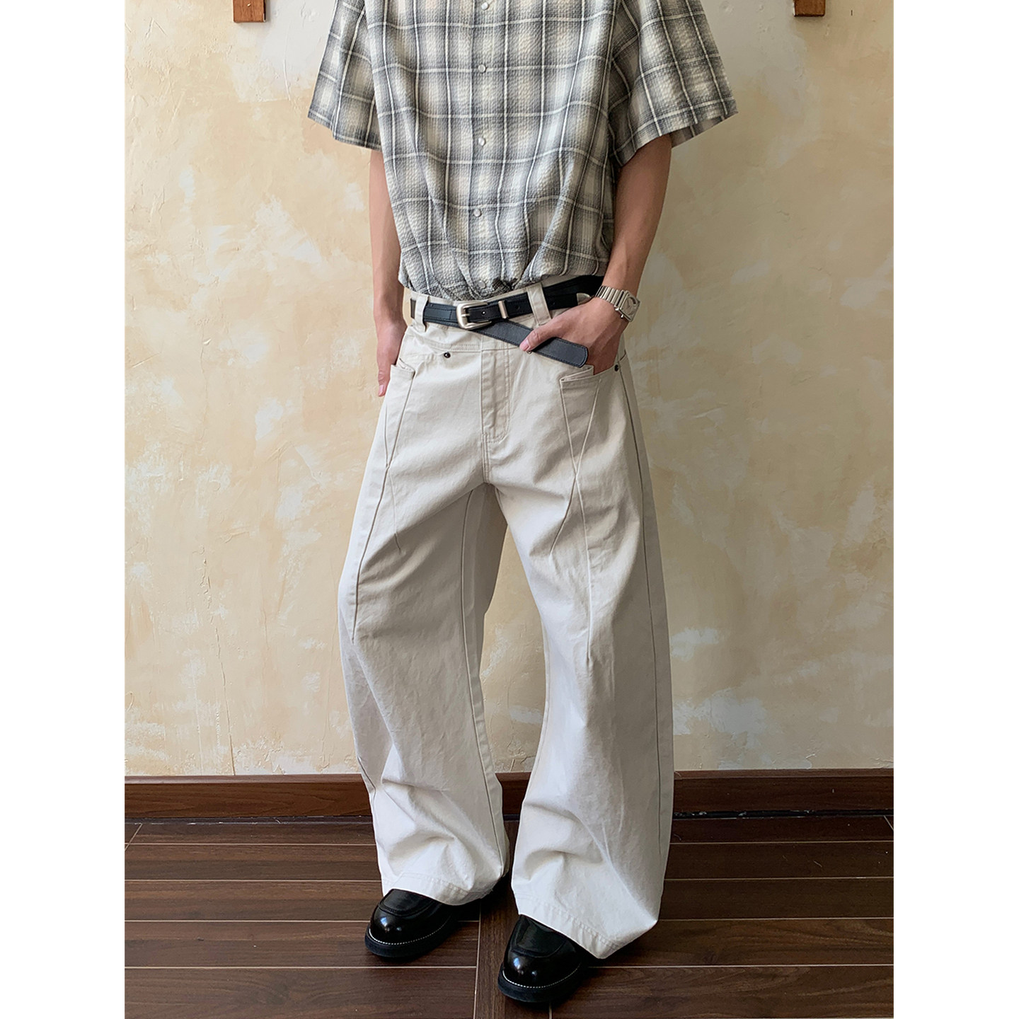 美式错乱剪裁廓形打褶工装阔腿裤男女设计感vintage弯刀休闲长裤