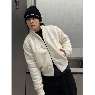 马赛暗纹费尔岛毛织雕立体感加绒针织开衫外套男女款保暖宽松毛衣