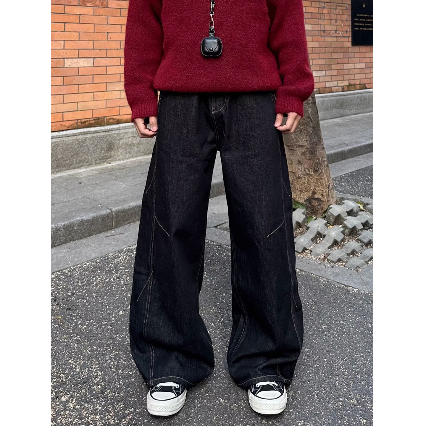 美式vibe高级感潮牌水洗原色弯刀裤子男宽松复古明线压褶牛仔裤潮