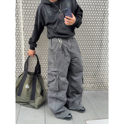 立体口袋水洗灰法工裤男cargo美式街头复古宽松工装伞兵休闲裤子