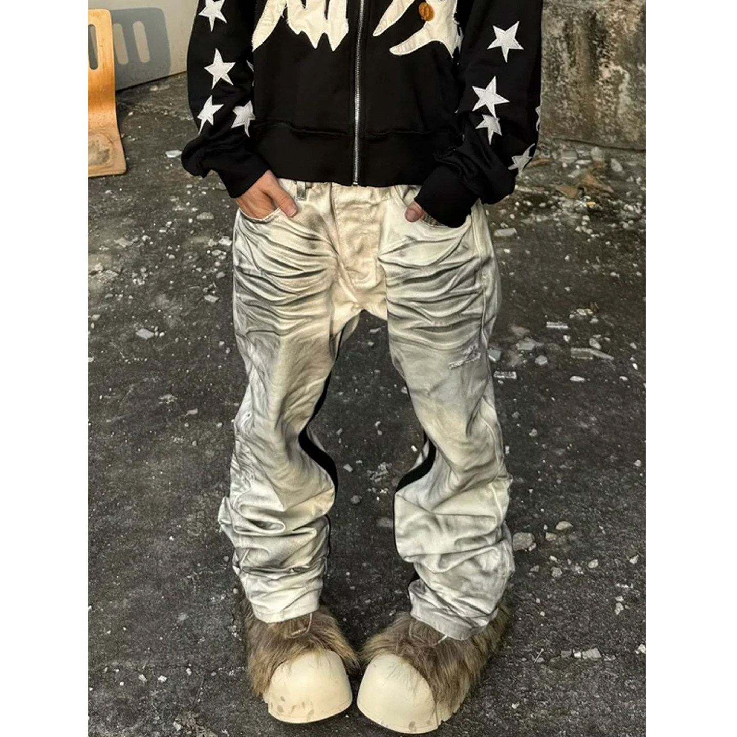 美式街头风做脏猫须牛仔裤男潮牌嘻哈炸街小众宽松轻亚堆积感穿搭