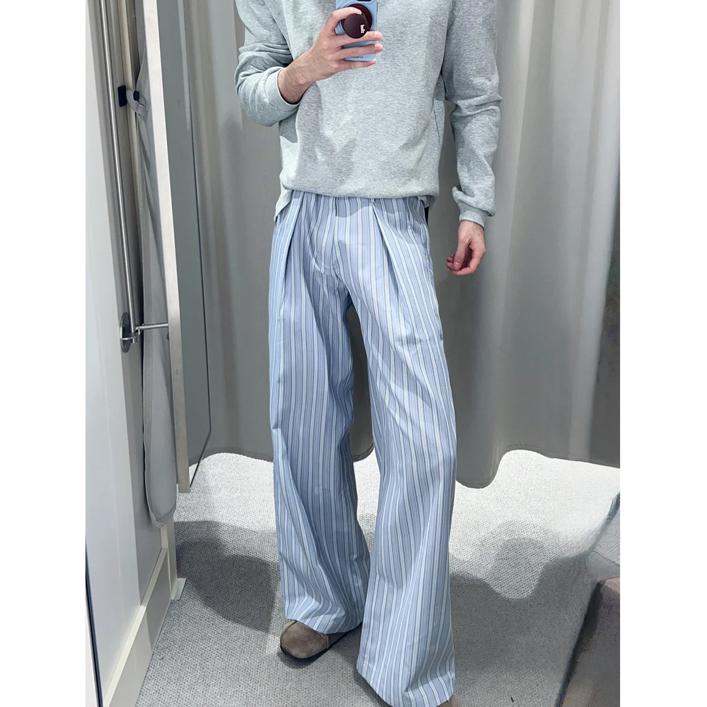 灰蓝色条纹打褶a字阔腿西裤男百搭休闲cleanfit老钱风通勤日常款