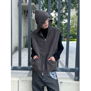 秋冬慵懒叠穿双拉链针织马甲背心男美式 上衣 复古树纹提花连帽无袖