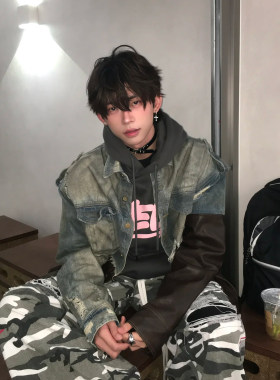 拼皮破坏毛边牛仔外套男美式复古做旧重工小众设计感脏脏皮衣夹克
