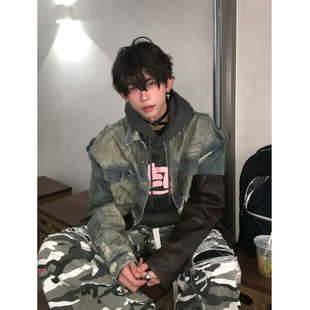 拼皮破坏毛边牛仔外套男美式复古做旧重工小众设计感脏脏皮衣夹克