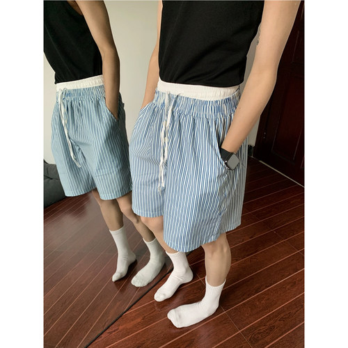 【随意夏日的午后】假两件设计条纹五分裤男女撞色短裤宽松休闲裤