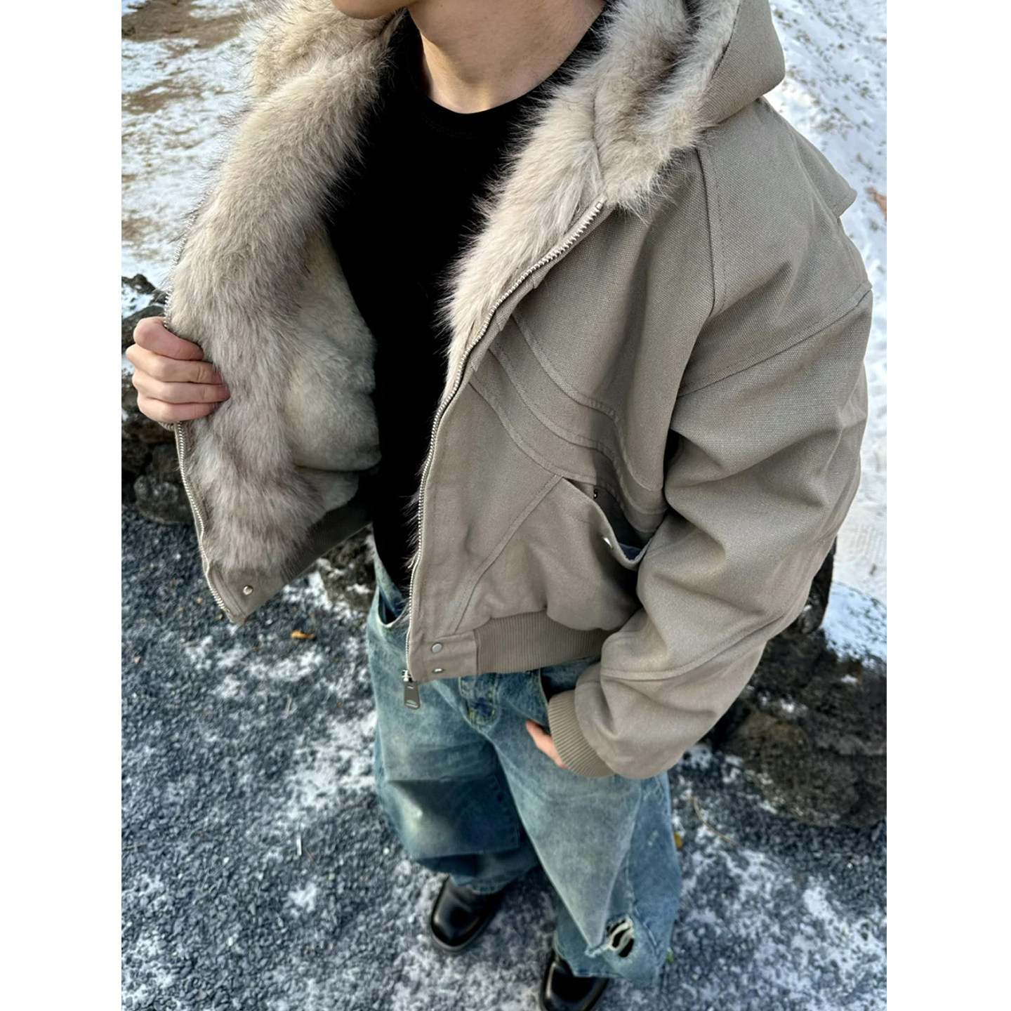 帆布座山雕棉服外套男女冬季保暖美式加绒加厚boxy廓形连帽夹克