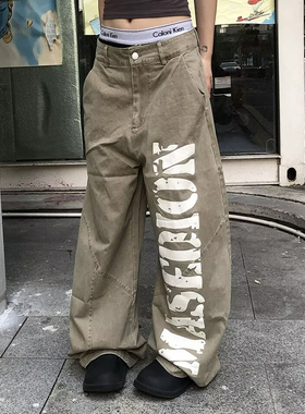 Softcore穿搭美式复古水洗字母印花微弯刀阔腿工装裤男宽松休闲裤