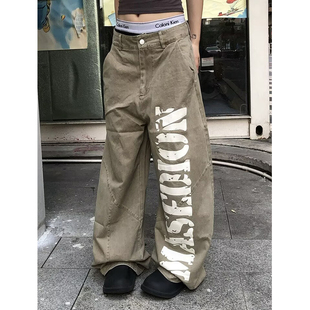 Softcore穿搭美式复古水洗字母印花微弯刀阔腿工装裤男宽松休闲裤