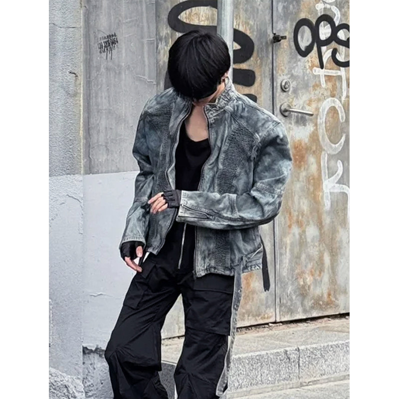 小众重工设计美式复古垫肩牛仔外套男水洗做旧高级感宽松立领夹克