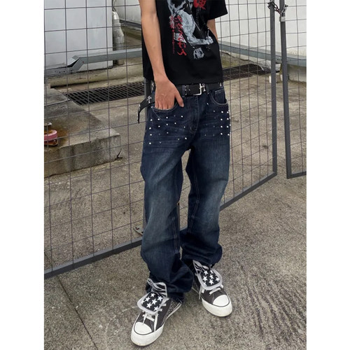 尖钉装饰爪痕水洗复古牛仔裤男微喇合身skinny街头风穿搭直筒裤子