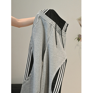 美式复古假两件条纹拼接弯刀卫裤男女小众双腰头设计三条杠阔腿裤