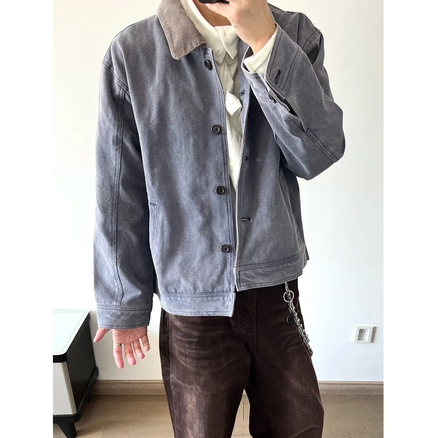 巴恩风vintage做旧水洗翻领夹克男女款春季宽松休闲美式复古外套