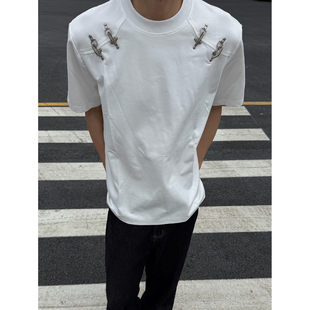 夏季解构拼接飞机扣短袖短宽T恤男款boxy美式小众廓形半截袖上衣