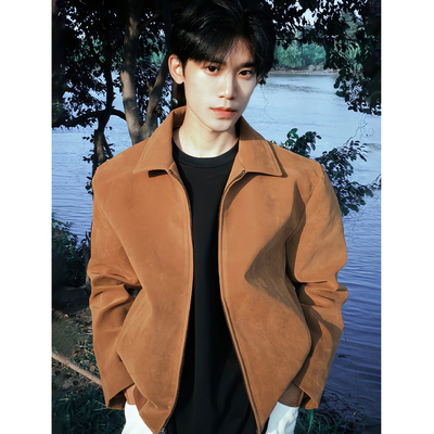 棕色老钱风短款麂皮绒正肩夹克男春秋美式底特律工装复古宽松外套