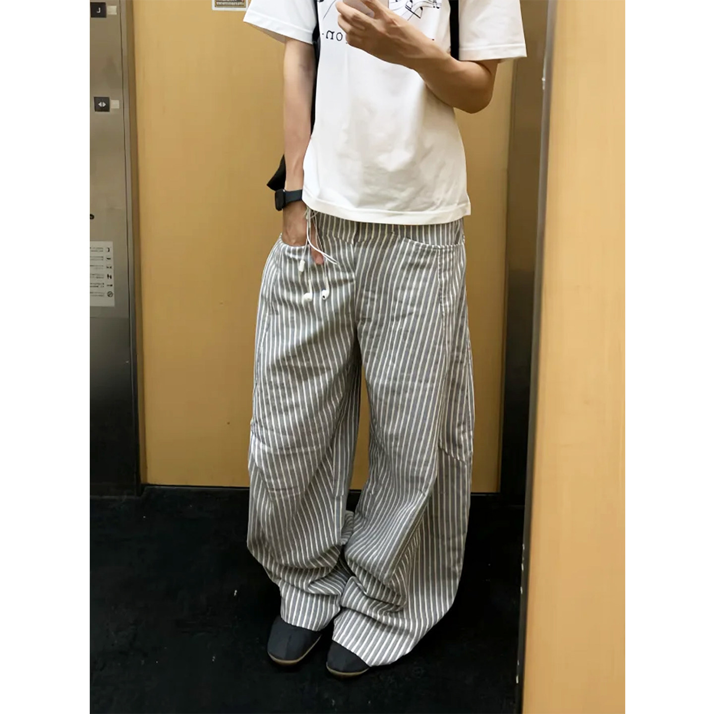 复古立体双打褶条纹弯刀休闲裤男小众街头韩系松弛感廓形阔腿长裤