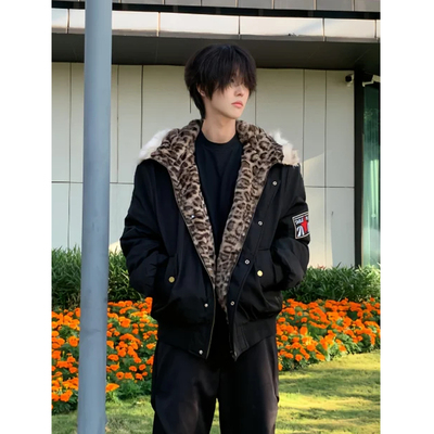 美式豹纹座山雕毛领派克服连帽棉服男冬季宽松夹棉飞行员夹克棉衣