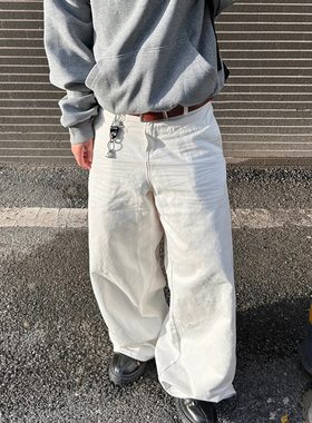 无性别白色baggy版型牛仔裤男cleanfit美式街头宽松休闲阔腿裤子