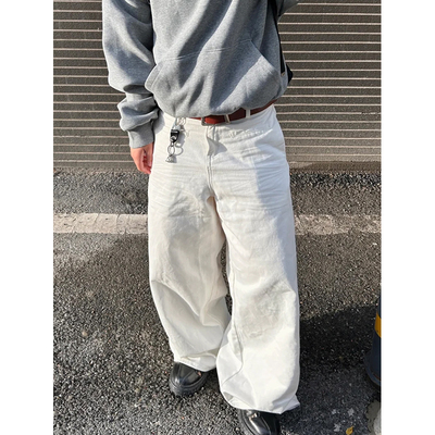 无性别白色baggy版型牛仔裤男cleanfit美式街头宽松休闲阔腿裤子