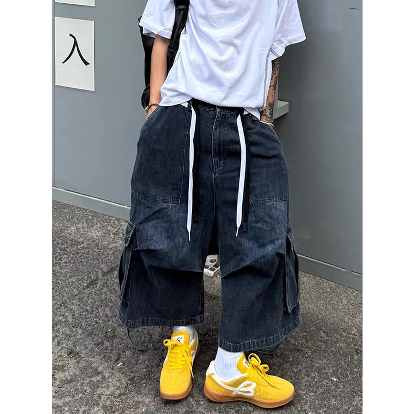 街头风多穿法短裤*可拆卸格纹方巾牛仔裤男女夏季美式宽松阔腿裤