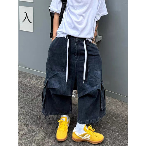 街头风多穿法短裤*可拆卸格纹方巾牛仔裤男女夏季美式宽松阔腿裤