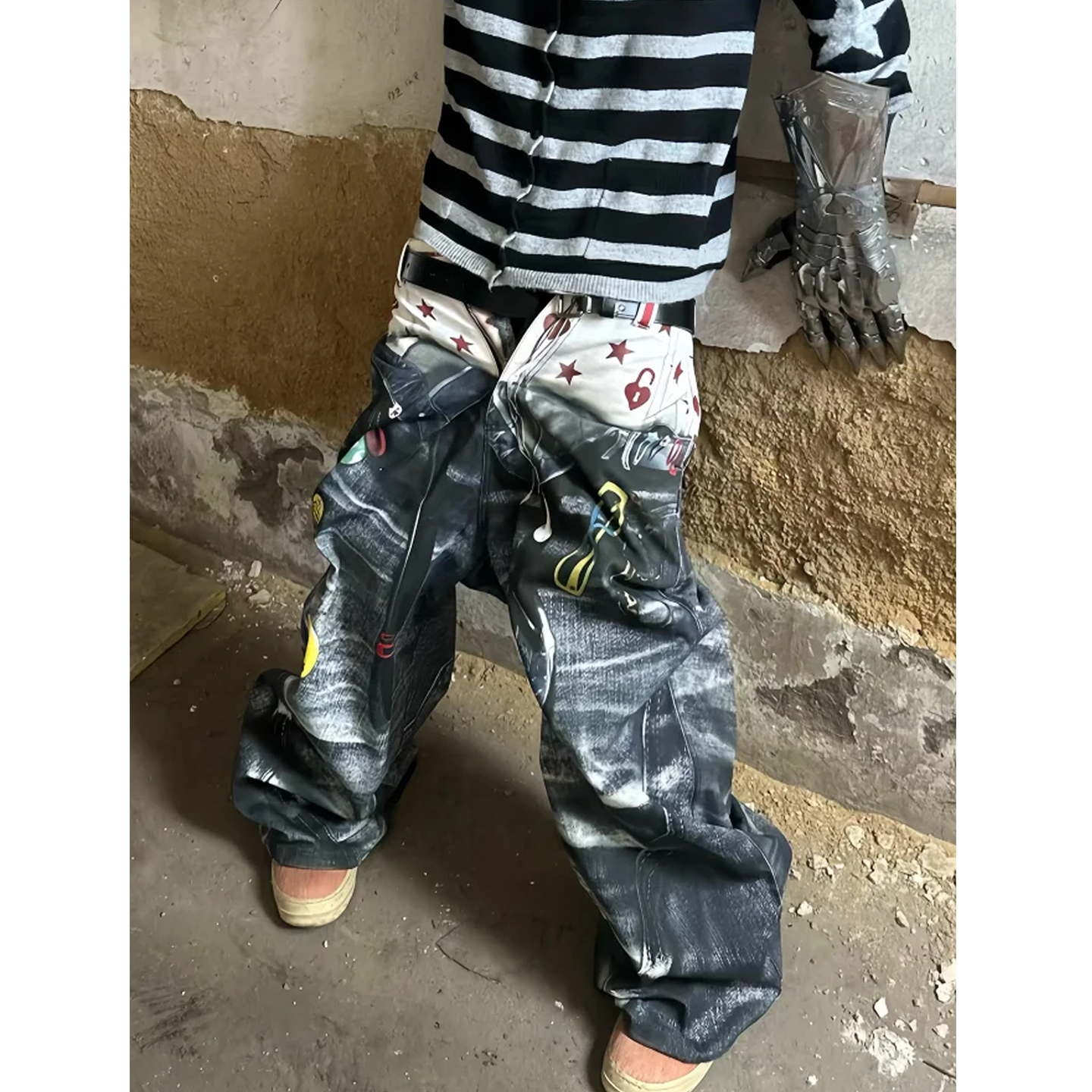 叠穿视觉感3D打印双腰头牛仔裤男女baggy街头嘻哈亚比小众阔腿裤