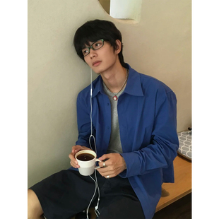 显白克莱因蓝长袖衬衫男春夏季穿搭防晒休闲宽松慵懒基础外套上衣