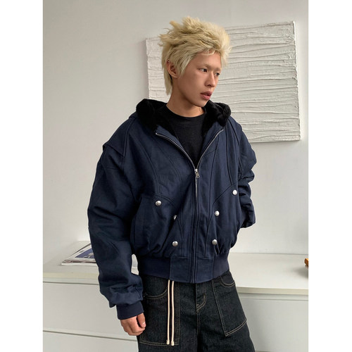 座山雕连帽加绒夹克外套男女宽松美式cleanfit廓形结构感工装棉服