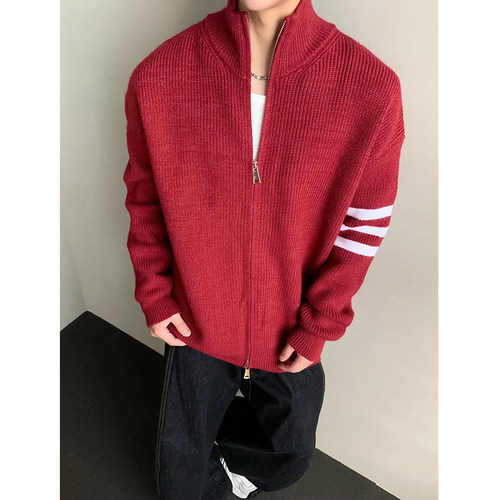 新年红三杠开衫毛衣男美式潮牌宽松拉链针织衫高级感立领情侣外套
