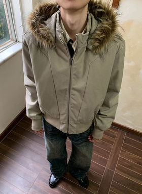解构连帽座山雕棉服外套男款冬季美式解构帆布短款夹克座山狮棉衣