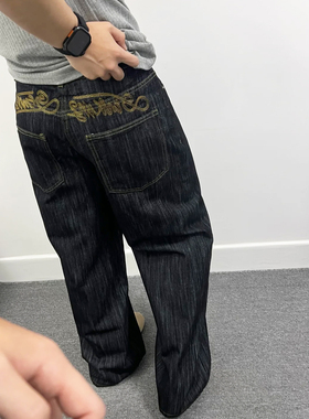 复古纹理竹节纹刺绣原色牛仔裤男女美式高级感宽松显瘦阔腿长裤子